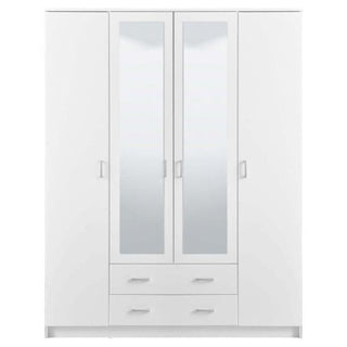 White 4 door wardrobe with 2 mirrored central doors and 2 drawers