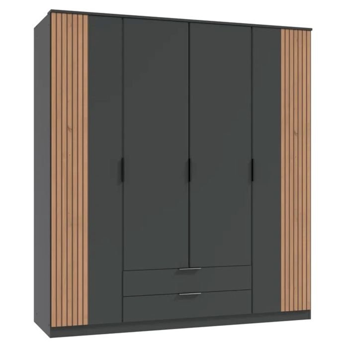 NOMASA 4 Door Wardrobe with 2 drawers in grey and oak finish, featuring vertical wood slat panels.