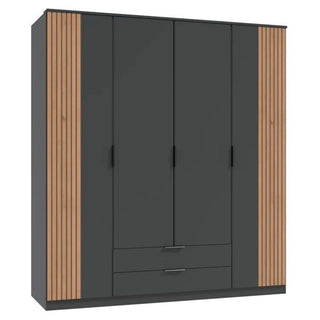 NOMASA 4 Door Wardrobe with 2 drawers in grey and oak finish, featuring vertical wood slat panels.