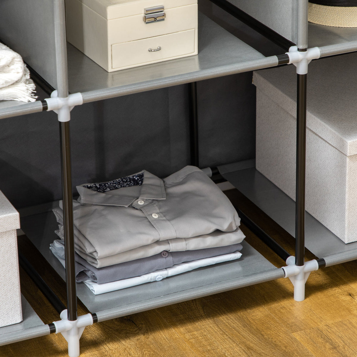 homcom fabric wardrobe with rails and shelves dark grey