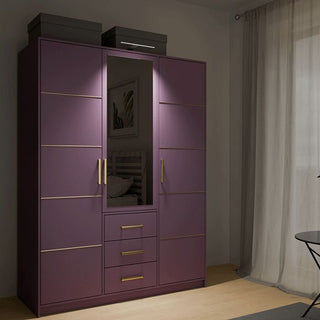 Barnsley plum 3-door wardrobe with central mirror and three drawers.
