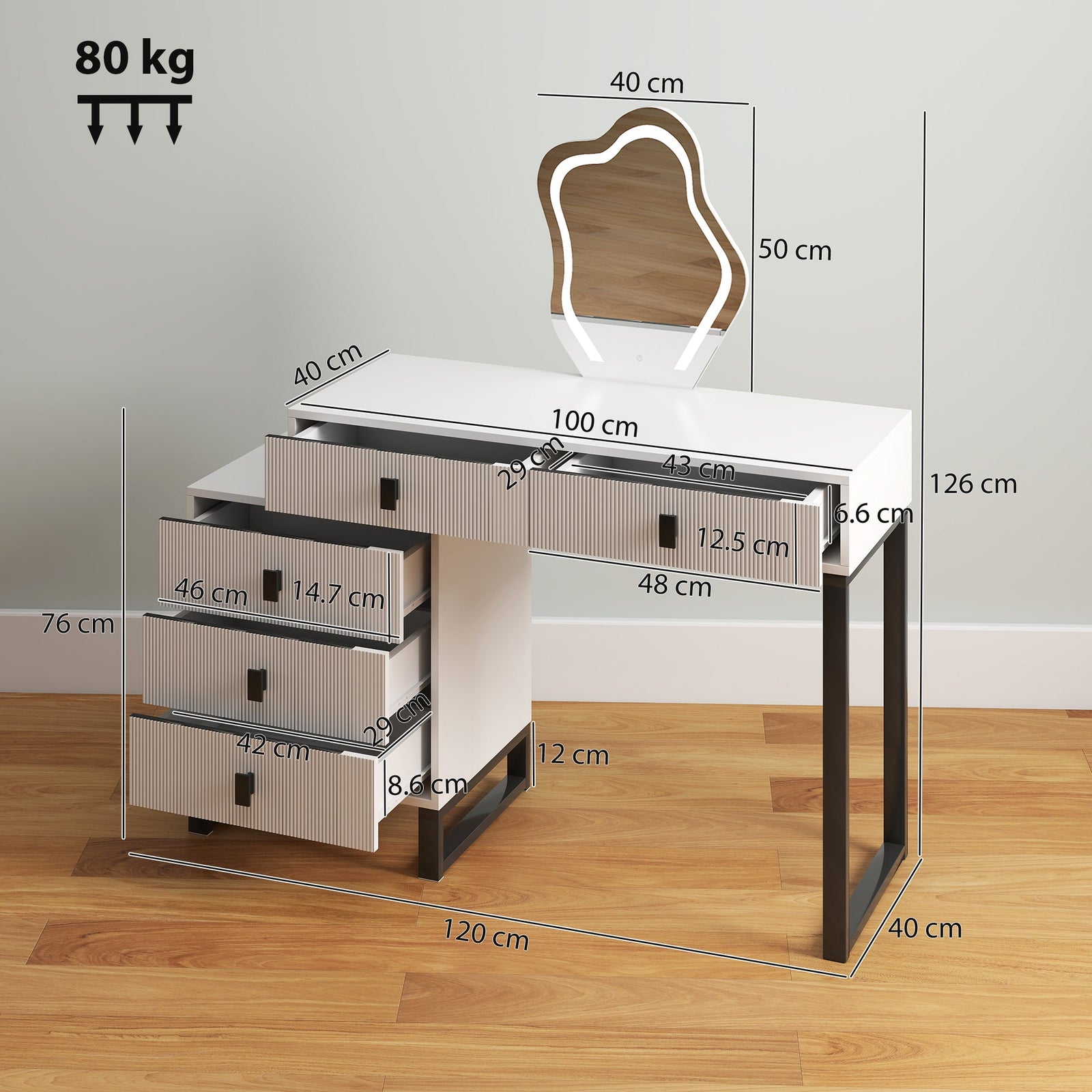 homcom dressing table vanity desk with leaf shape mirror makeup table with 5 drawers 3 colour led lights 100x40cm tabletop white
