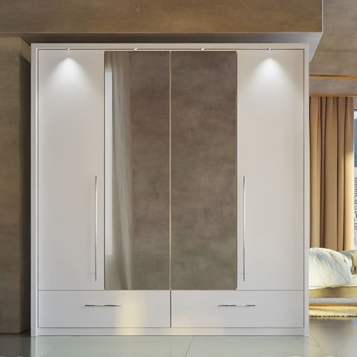 LINDSEY 2-door white wardrobe with mirrored panels and LED lighting.