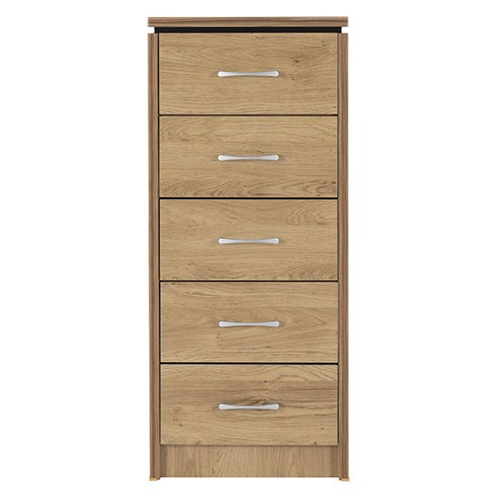 Crieff narrow oak effect chest of 5 drawers with silver handles