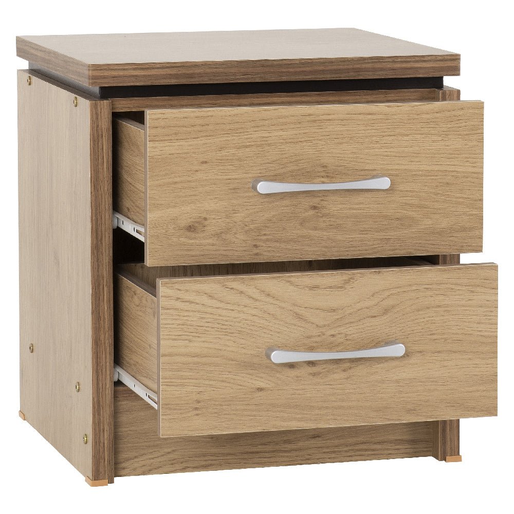 Crieff oak and walnut bedside cabinet with 2 drawers and silver handles, both drawers open.