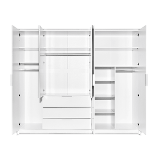 White 5-door wardrobe with 3 drawers open, showing shelves and hanging rails inside