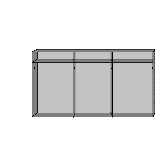 White 300cm 4-door sliding wardrobe with 3 internal compartments, shelf and hanging rail.
