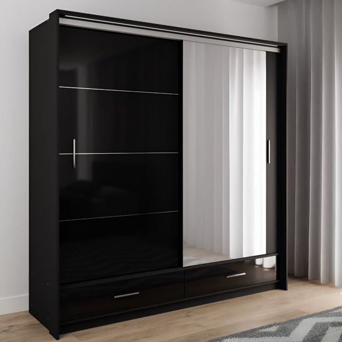 Black high gloss sliding wardrobe with one mirrored door and two drawers.