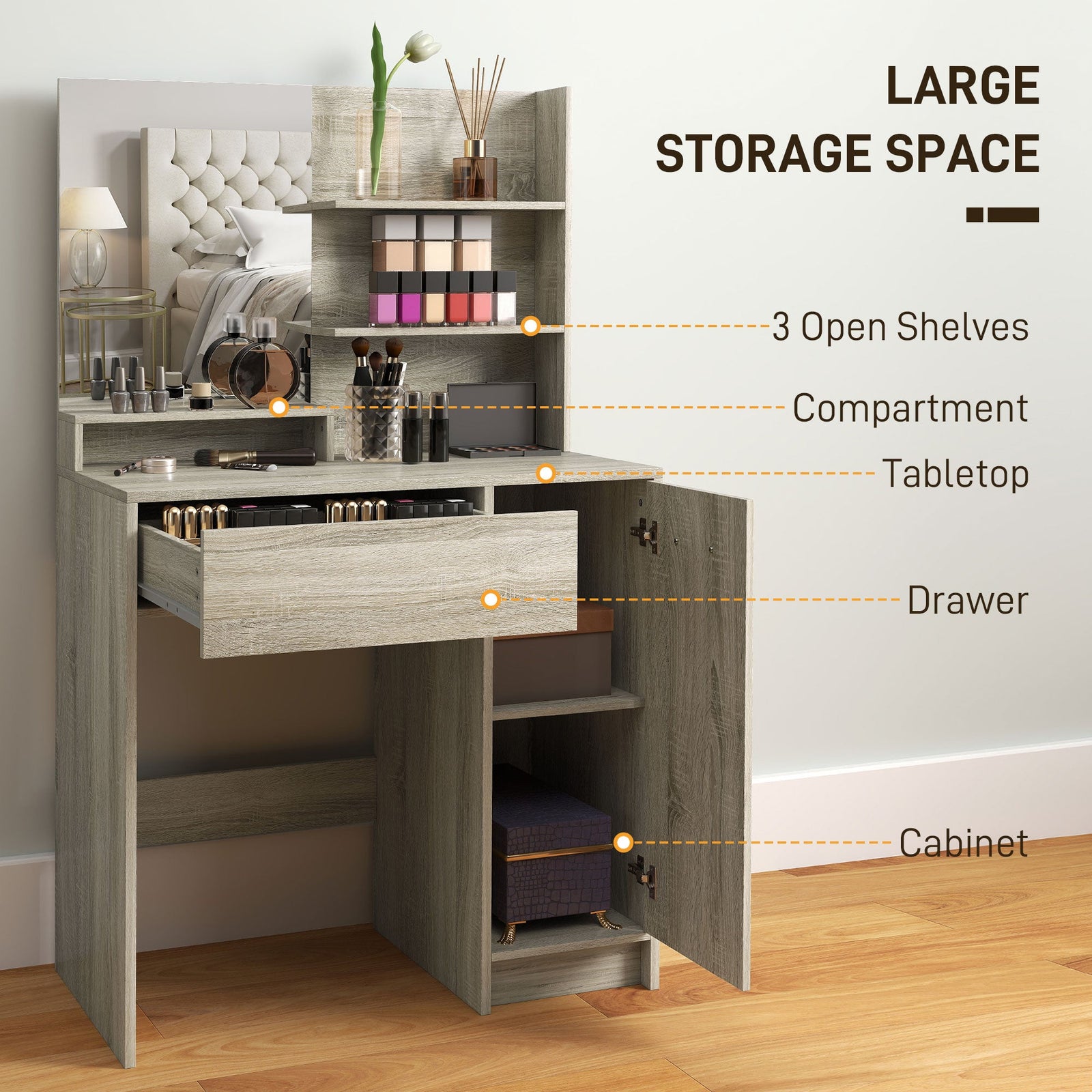 homcom dressing table and stool set with storage wood effect