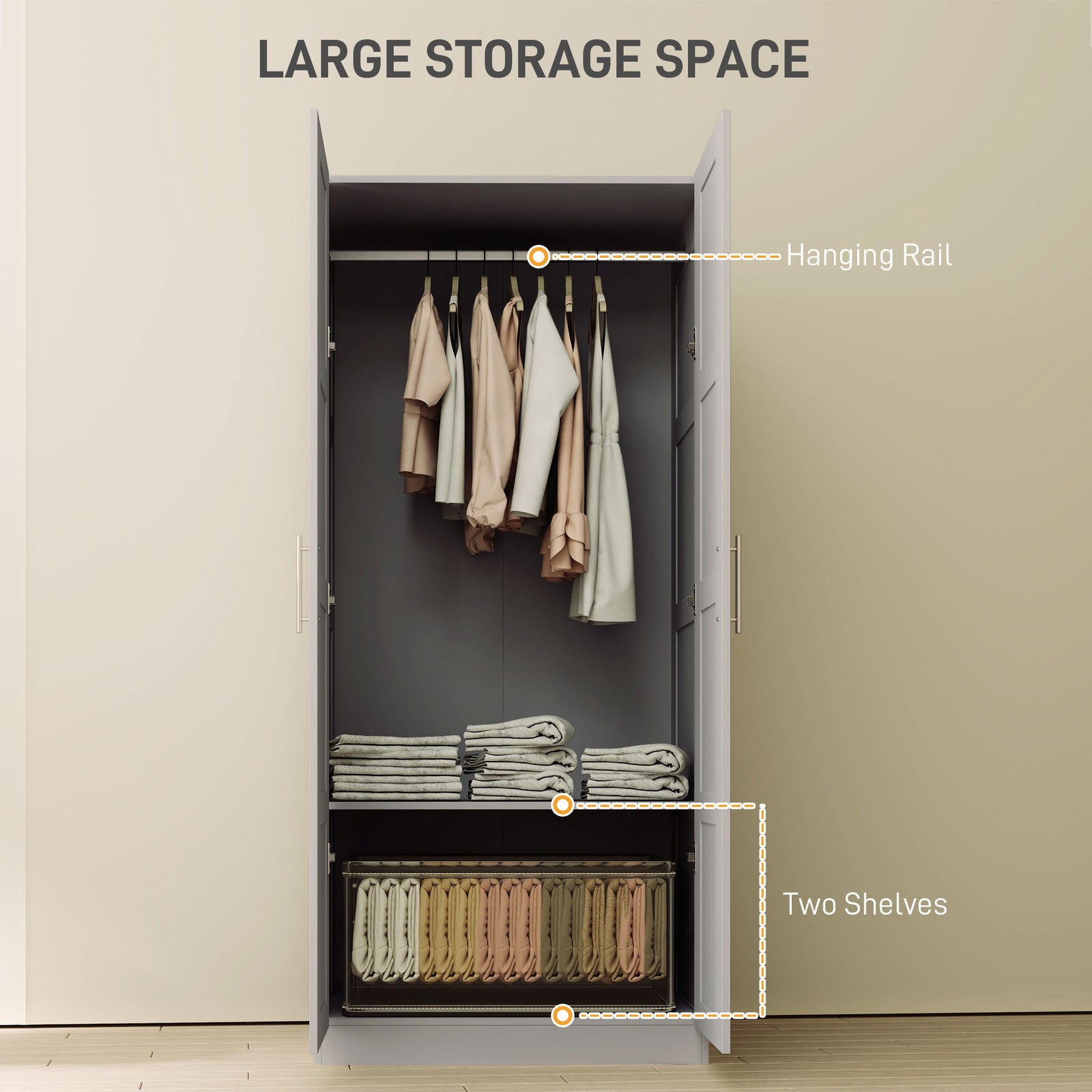 homcom double paneled door wardrobe with shelves grey