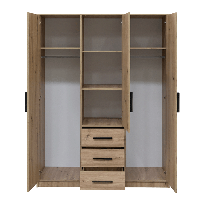 CHOICEWARDROBE AVERTON 149cm 3 door wardrobe in medium oak with internal shelves, hanging rail, and 3 drawers.