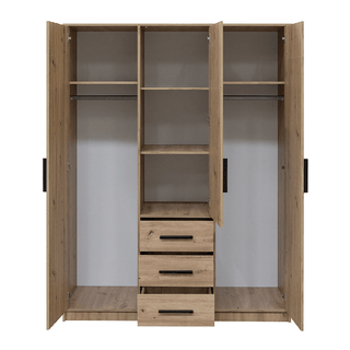 CHOICEWARDROBE AVERTON 149cm 3 door wardrobe in medium oak with internal shelves, hanging rail, and 3 drawers.