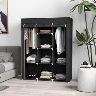 homcom fabric wardrobe with rails and shelves black