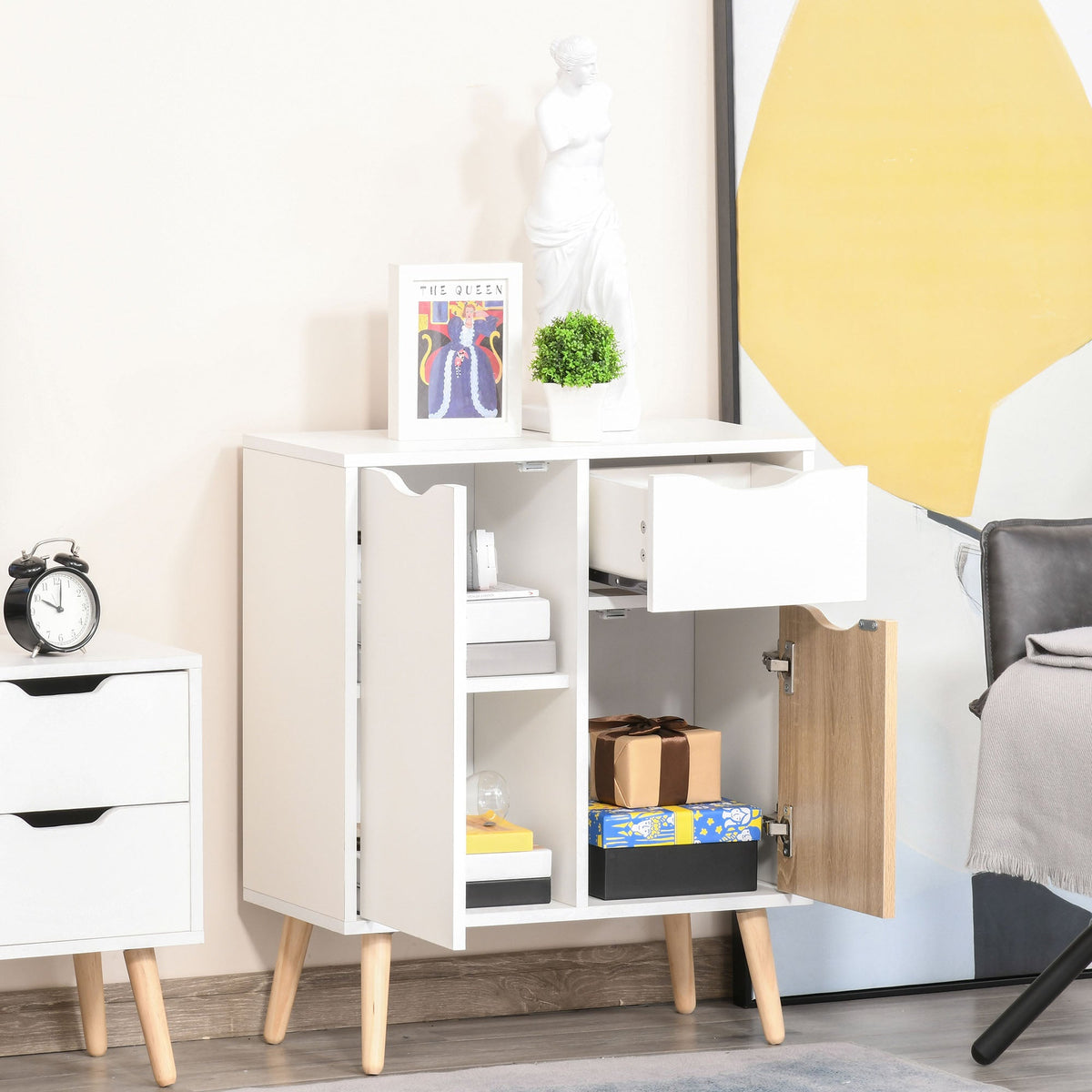 homcom bedroom furniture set wardrobe with hanging rail bedside table floor cabinet with storage nature wood finish and white