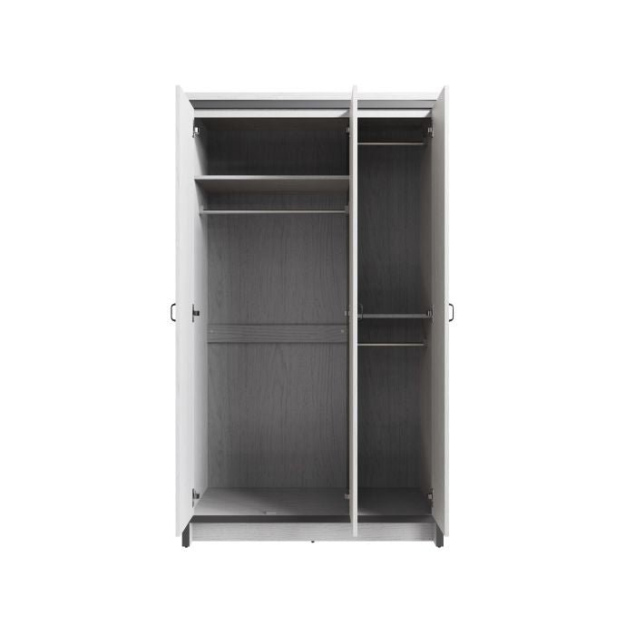 Open white three-door wardrobe showing two hanging rails and shelves