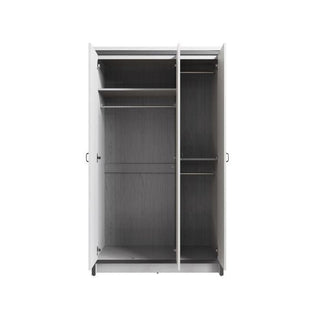 Open white three-door wardrobe showing two hanging rails and shelves