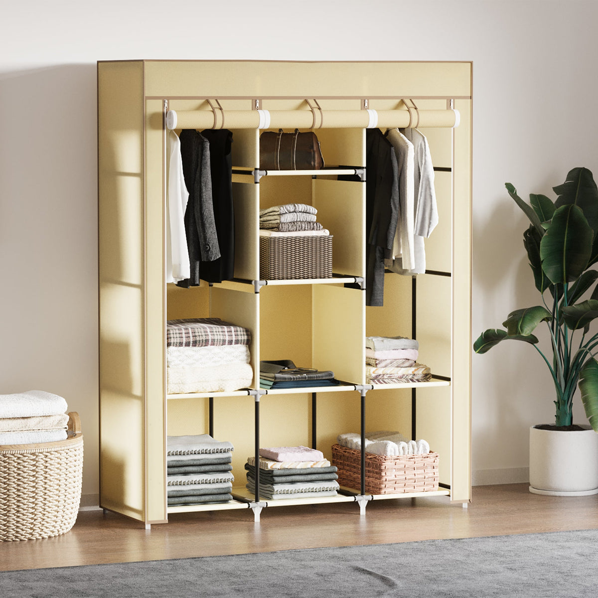homcom fabric wardrobe with rails and shelves beige