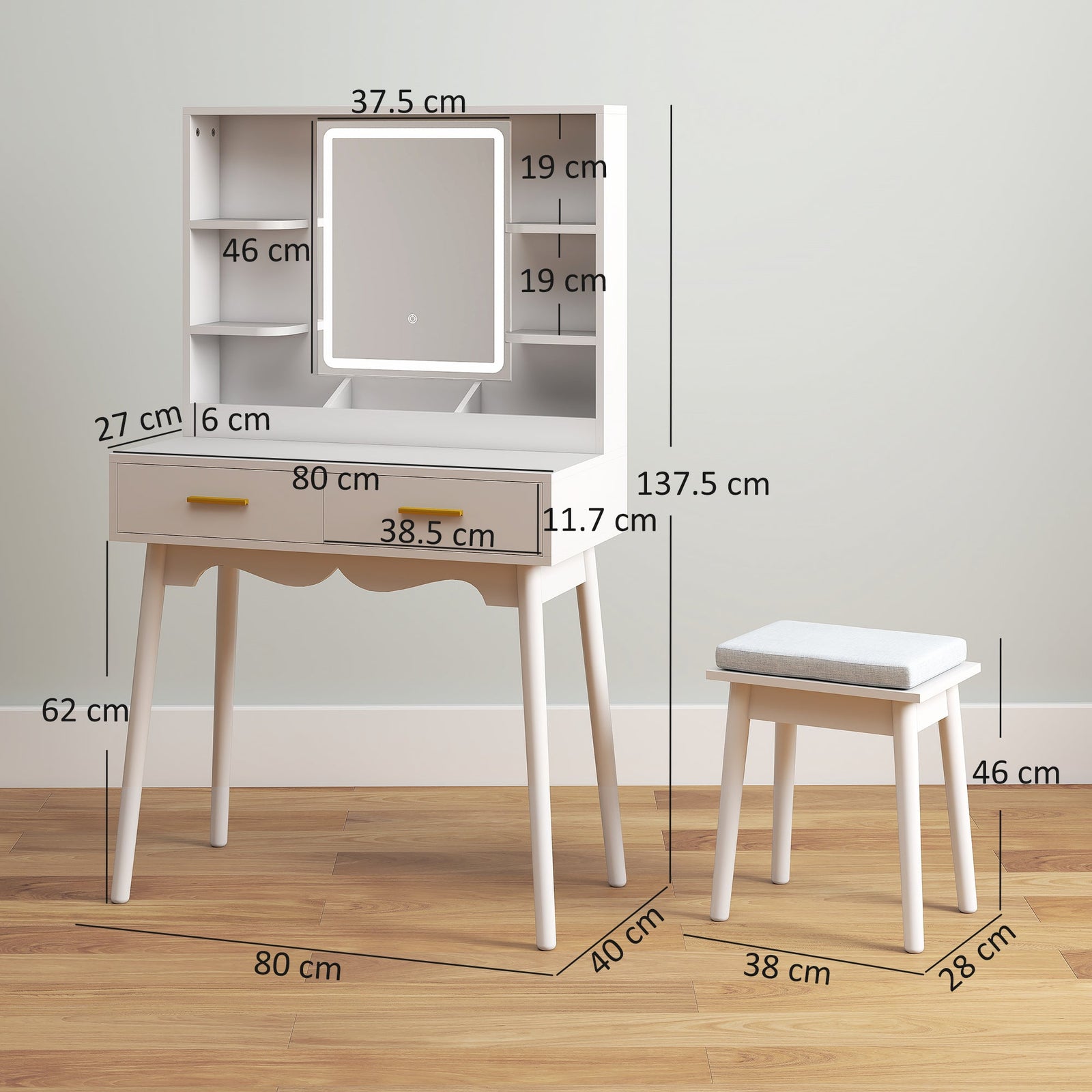 homcom elegant dressing table with led mirror white