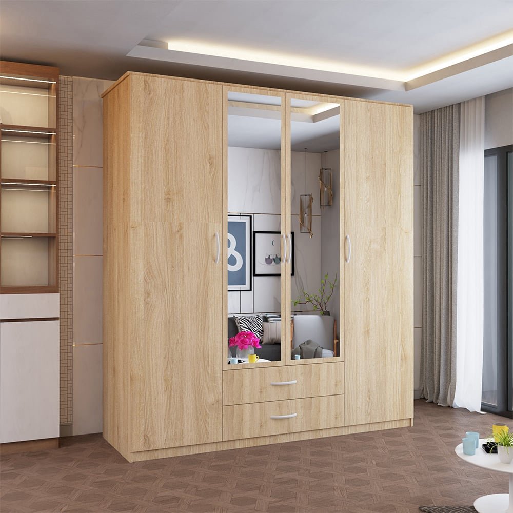 London Oak 4-door hinged wardrobe with 2 drawers and mirrored centre doors