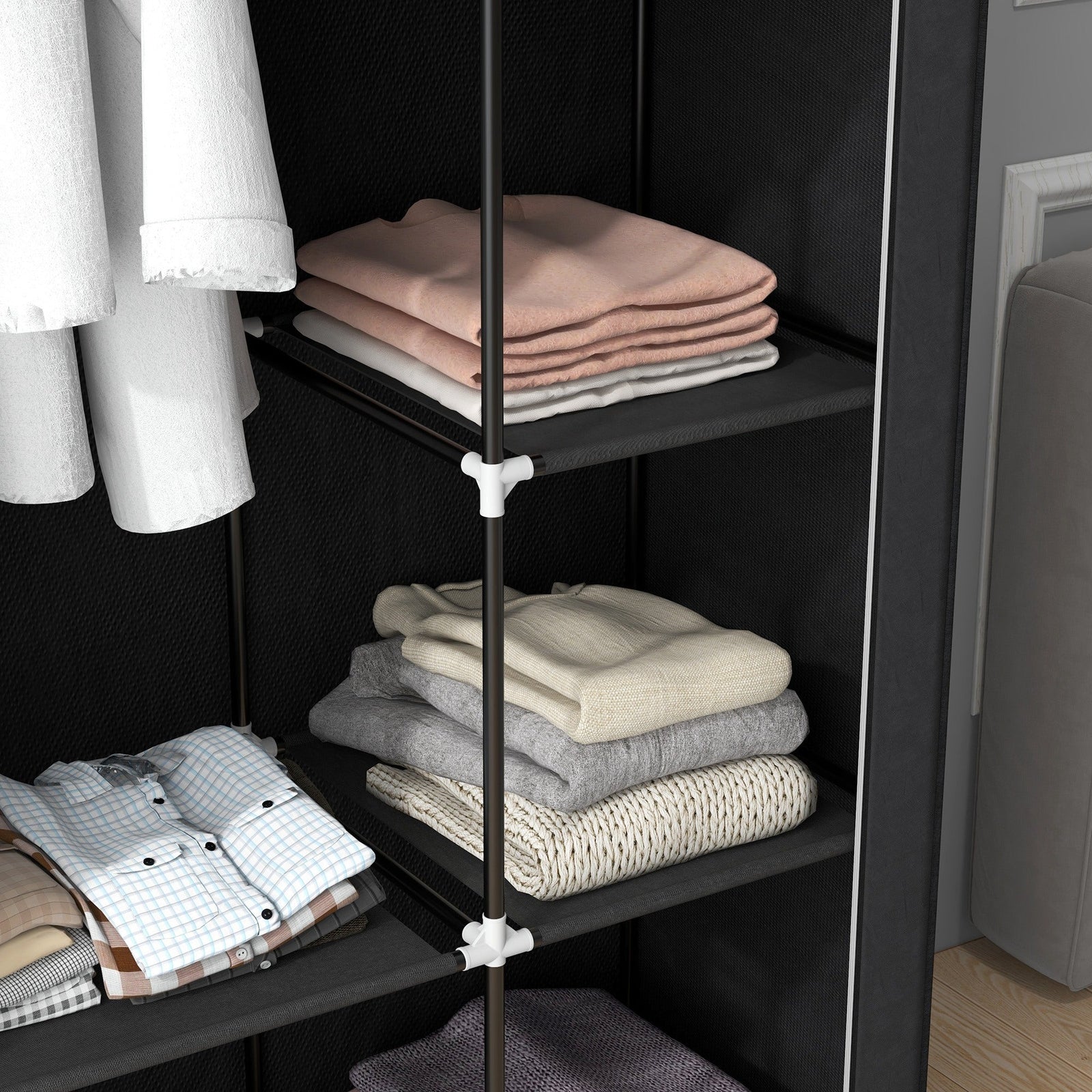 homcom fabric wardrobe portable wardrobe with 6 shelves 1 hanging rail foldable closets 103 x 43 x 162 5 cm black