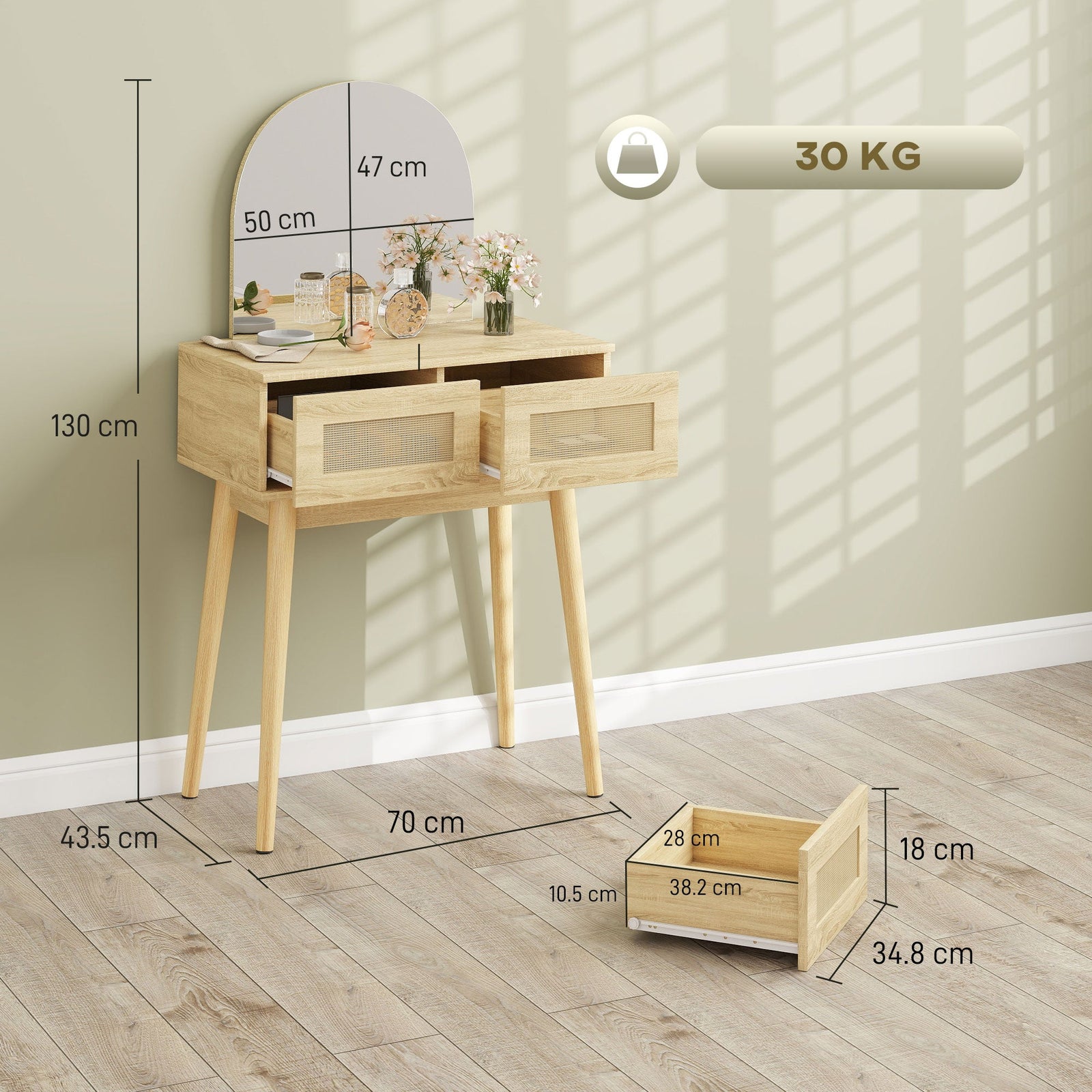 homcom dressing table compact vanity desk with mirror and 2 drawers natural wood finish
