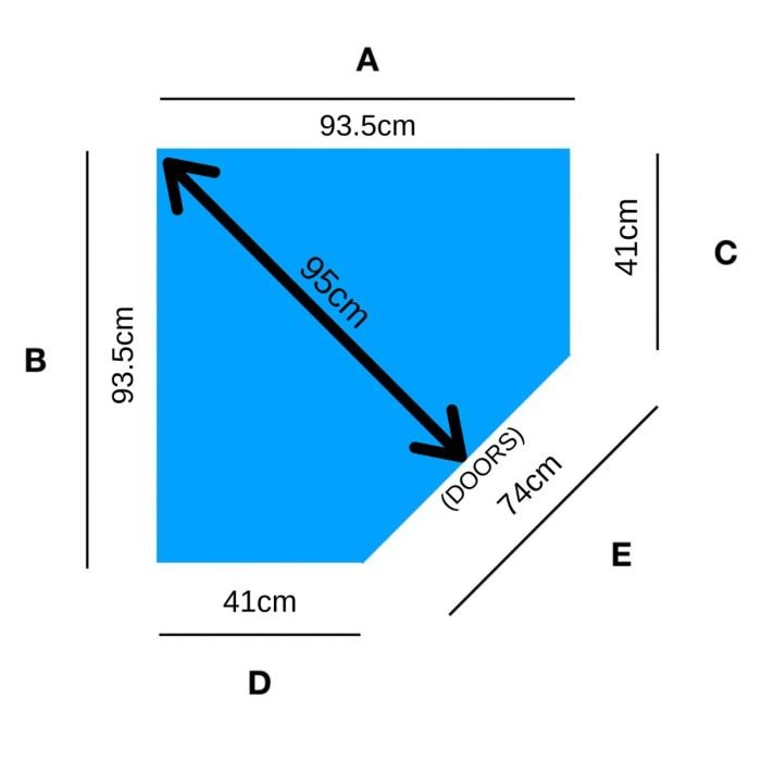 Diagram of SARNIA 93.5cm 2 Door Corner Wardrobe with dimensions: 93.5cm width, 41cm depth, 74cm door width.
