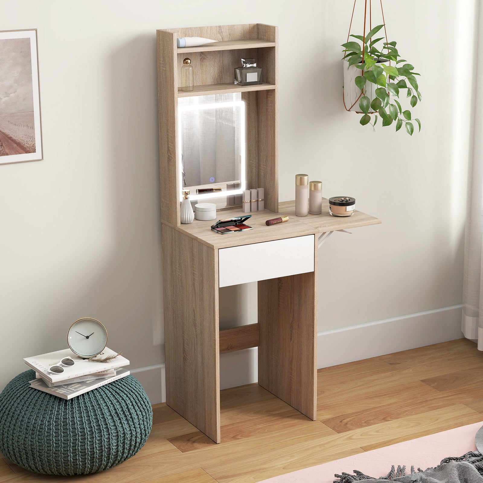 homcom small vanity desk with mirror and led lights compact dressing table with drop leaf open shelves natural wood