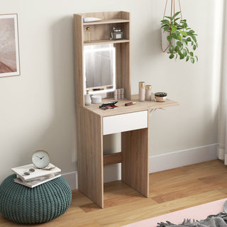 homcom small vanity desk with mirror and led lights compact dressing table with drop leaf open shelves natural wood