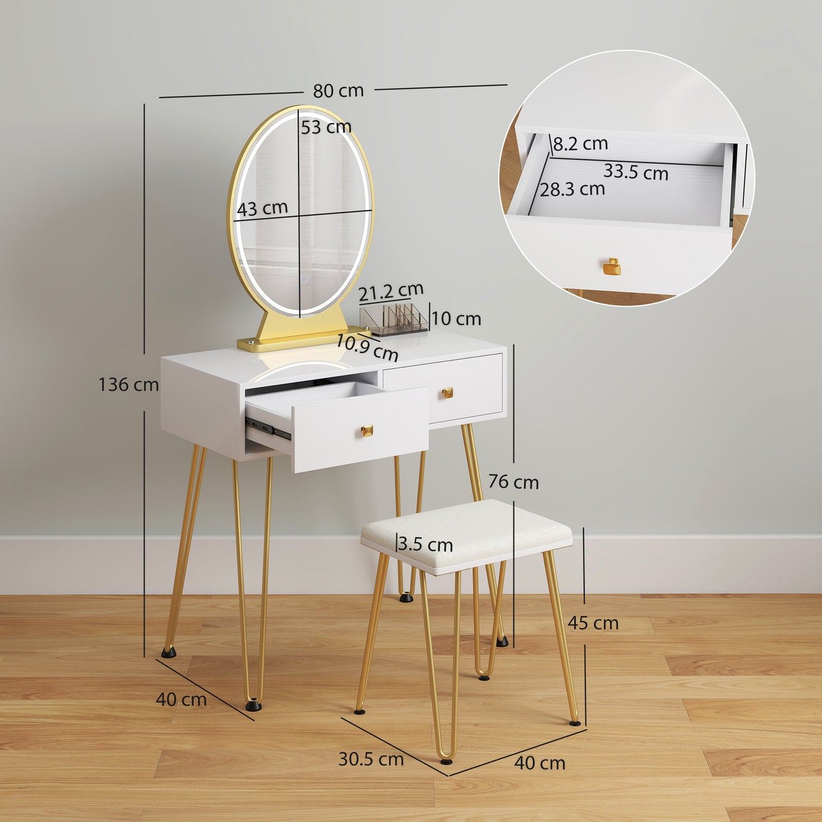 homcom dressing table with led mirror and cushioned stool vanity desk with acrylic lipstick holder and 2 drawers makeup table for bedroom white
