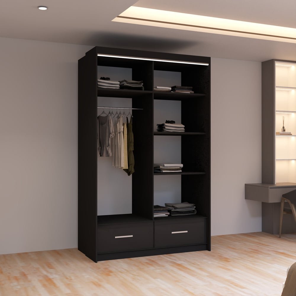 CHOICEWARDROBE 2 door black high gloss sliding wardrobe with two drawers