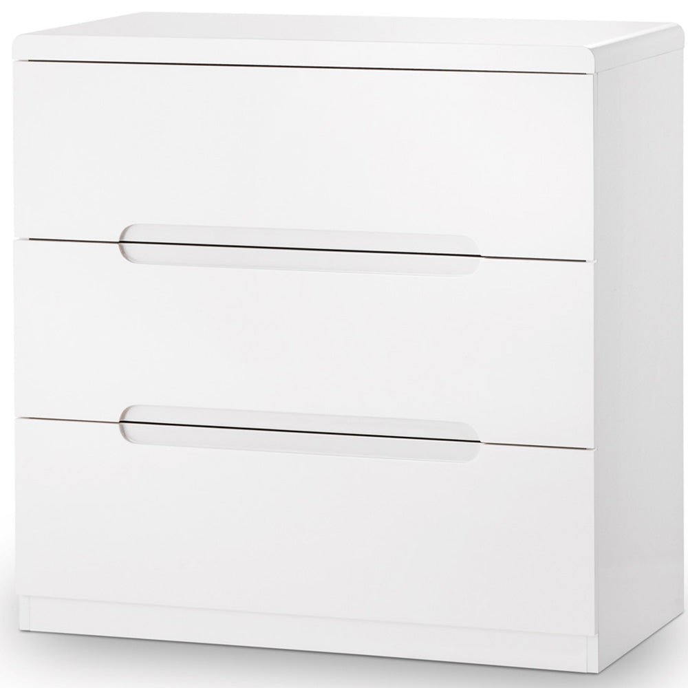 MANHATTAN 3 drawer white high gloss chest of drawers with recessed handles