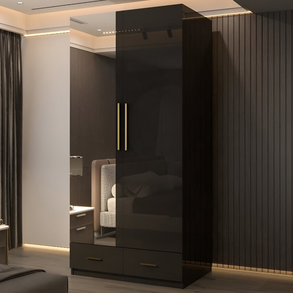 Black high gloss 2 door 2 drawer wardrobe with gold handles and mirrored doors.