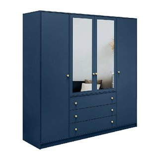 Blue 4-door mirrored wardrobe with 3 external drawers and gold knobs