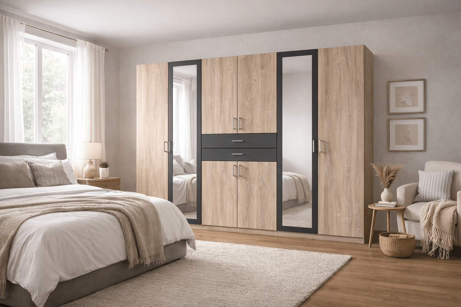 DAKAR Wardrobe 6 Doors 270cm Oak And Graphite Mirrored Doors