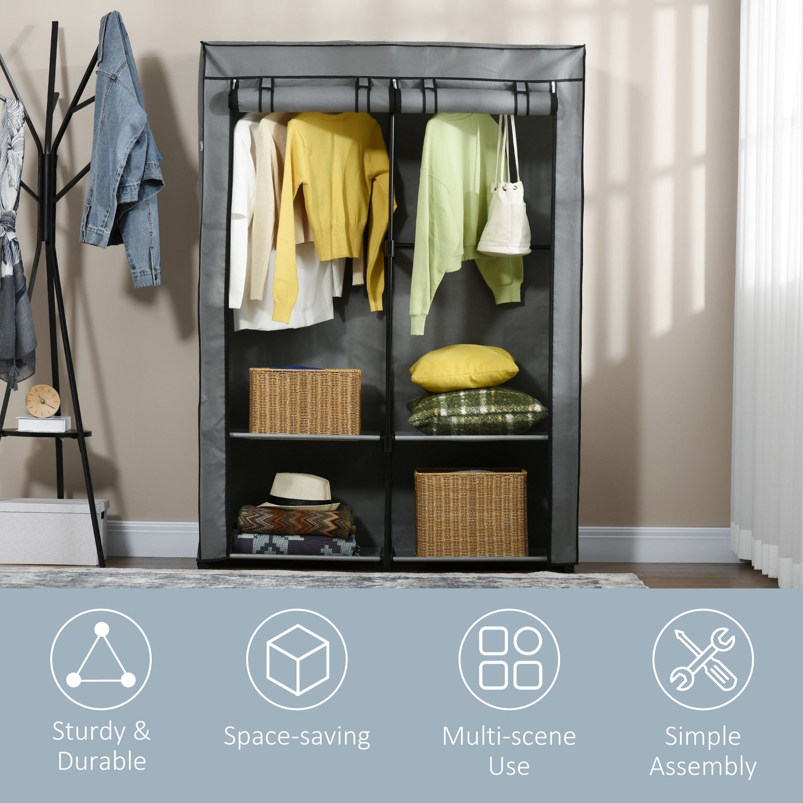 homcom steel frame fabric wardrobe with rail and shelves light grey