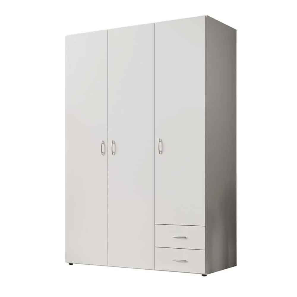 White 3-door wooden wardrobe with 2 drawers