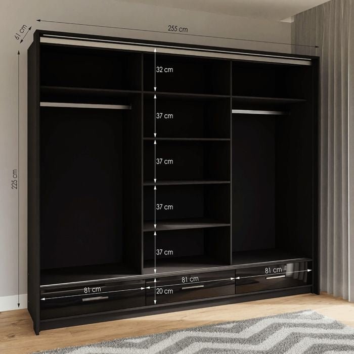 Black high gloss 3-door sliding wardrobe with drawers and shelves, 255cm wide