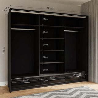 Black high gloss 3-door sliding wardrobe with drawers and shelves, 255cm wide