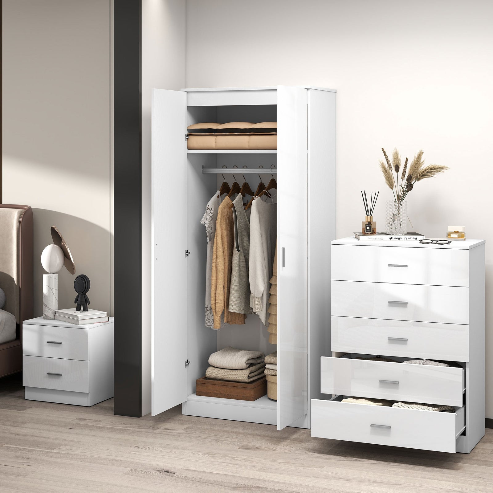 homcom high gloss 3 piece trio bedroom furniture set wardrobe chest of drawer bedside white