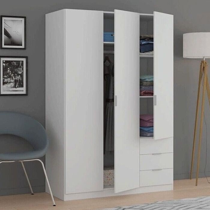 121cm oak-effect 3-door 3-drawer wardrobe with open doors