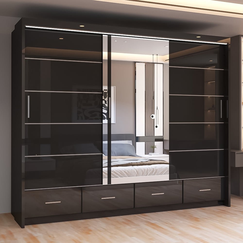 CHOICEWARDROBE Sycylia 255cm 3-door black high gloss sliding wardrobe with mirrored centre panel.