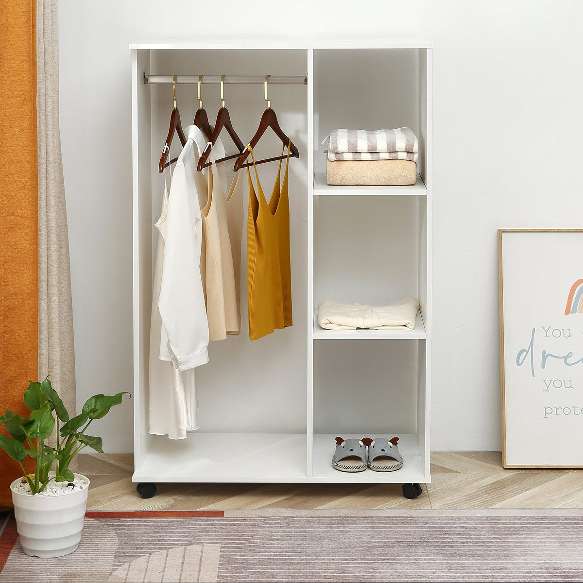 homcom open wardrobe on wheels bedroom wardrobe with clothes hanging rail 3 storage shelves mobile garment rack for cloakroom hallway white