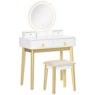 homcom dressing table set with mirror built in 3 color led light vanity makeup table with 4 drawers and cushioned stool for bedroom white
