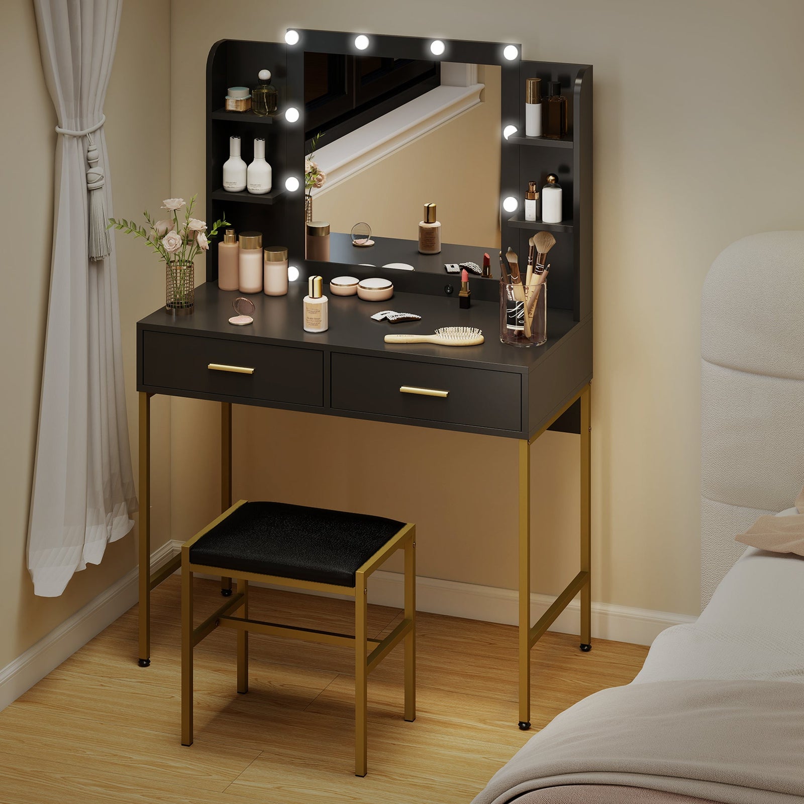homcom dressing table set with storage and stool black