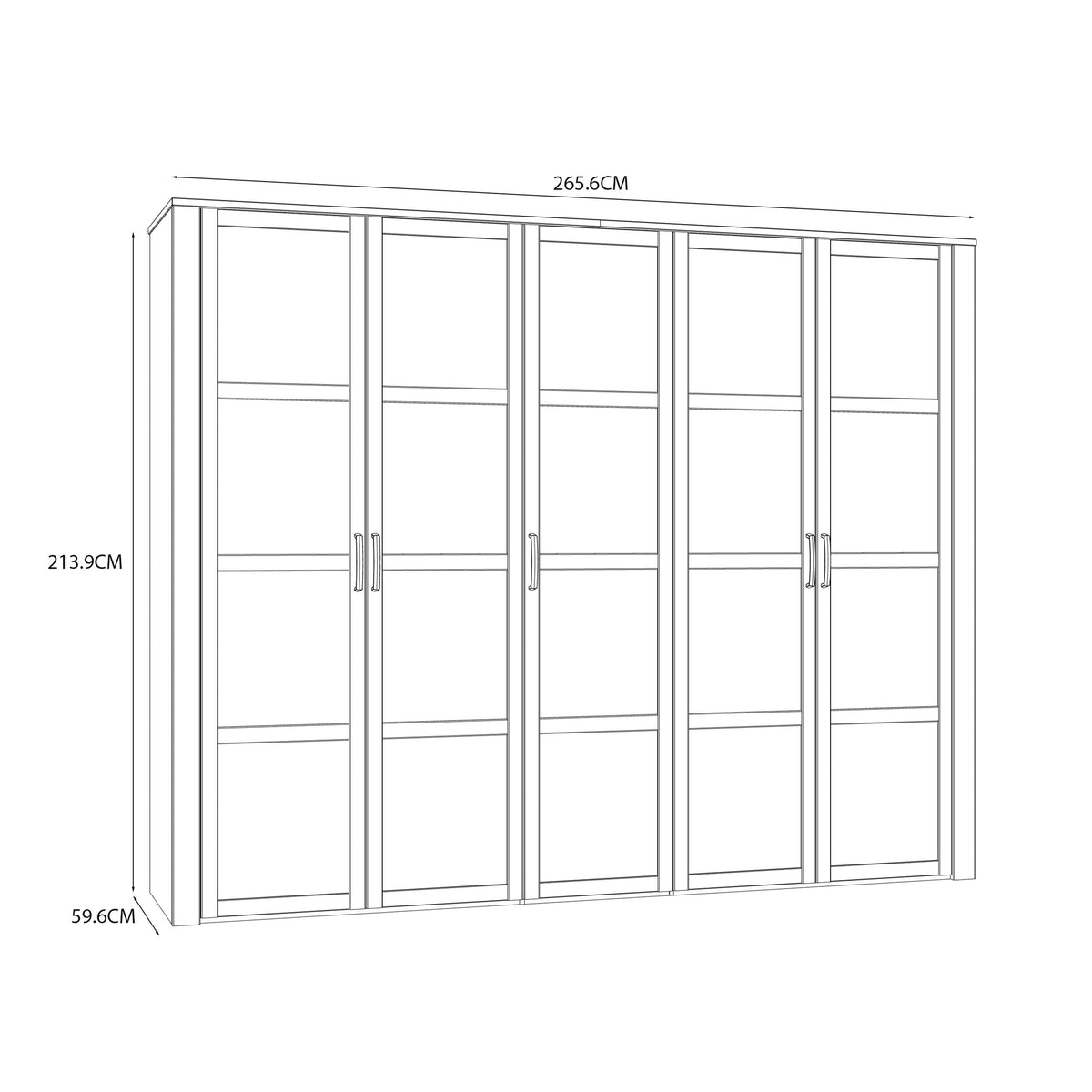 Line drawing of a white and oak 5-door wardrobe, 266CM W x 214CM H x 59.6CM D