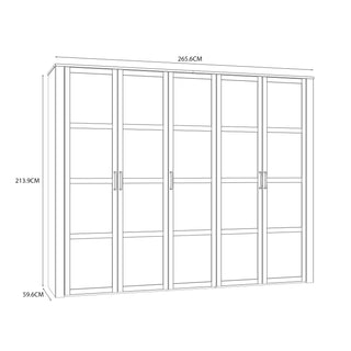 Line drawing of a white and oak 5-door wardrobe, 266CM W x 214CM H x 59.6CM D