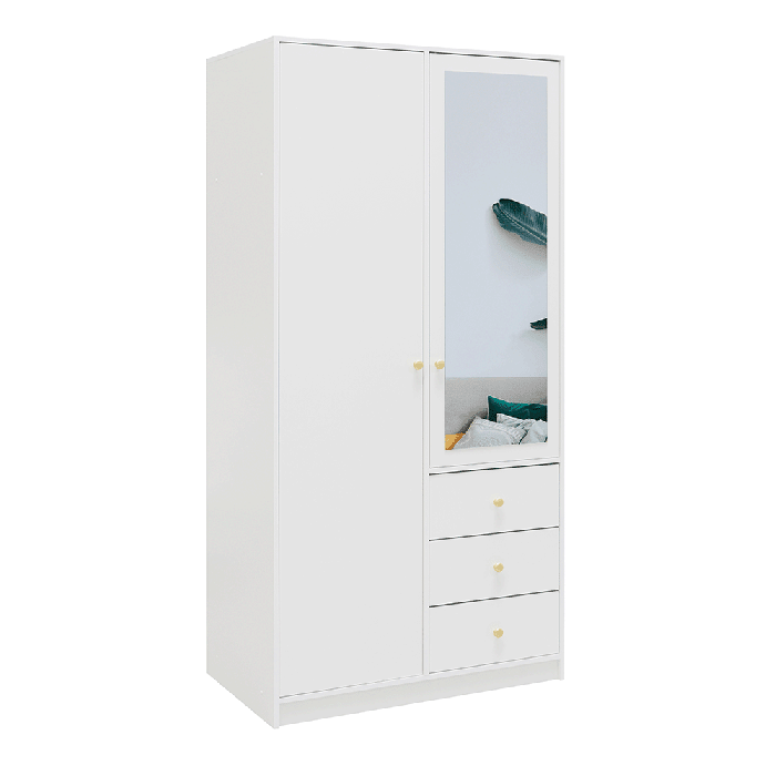ELVIRO 100cm white 2-door wardrobe with mirrored door and 3 drawers