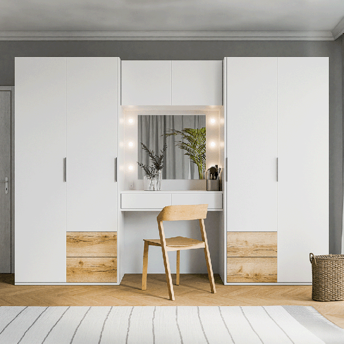 BRAVYN 6-door wardrobe with dressing table, white with oak drawer fronts.