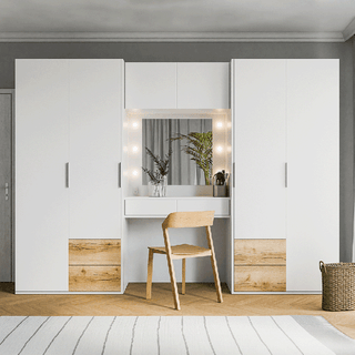 BRAVYN 6-door wardrobe with dressing table, white with oak drawer fronts.