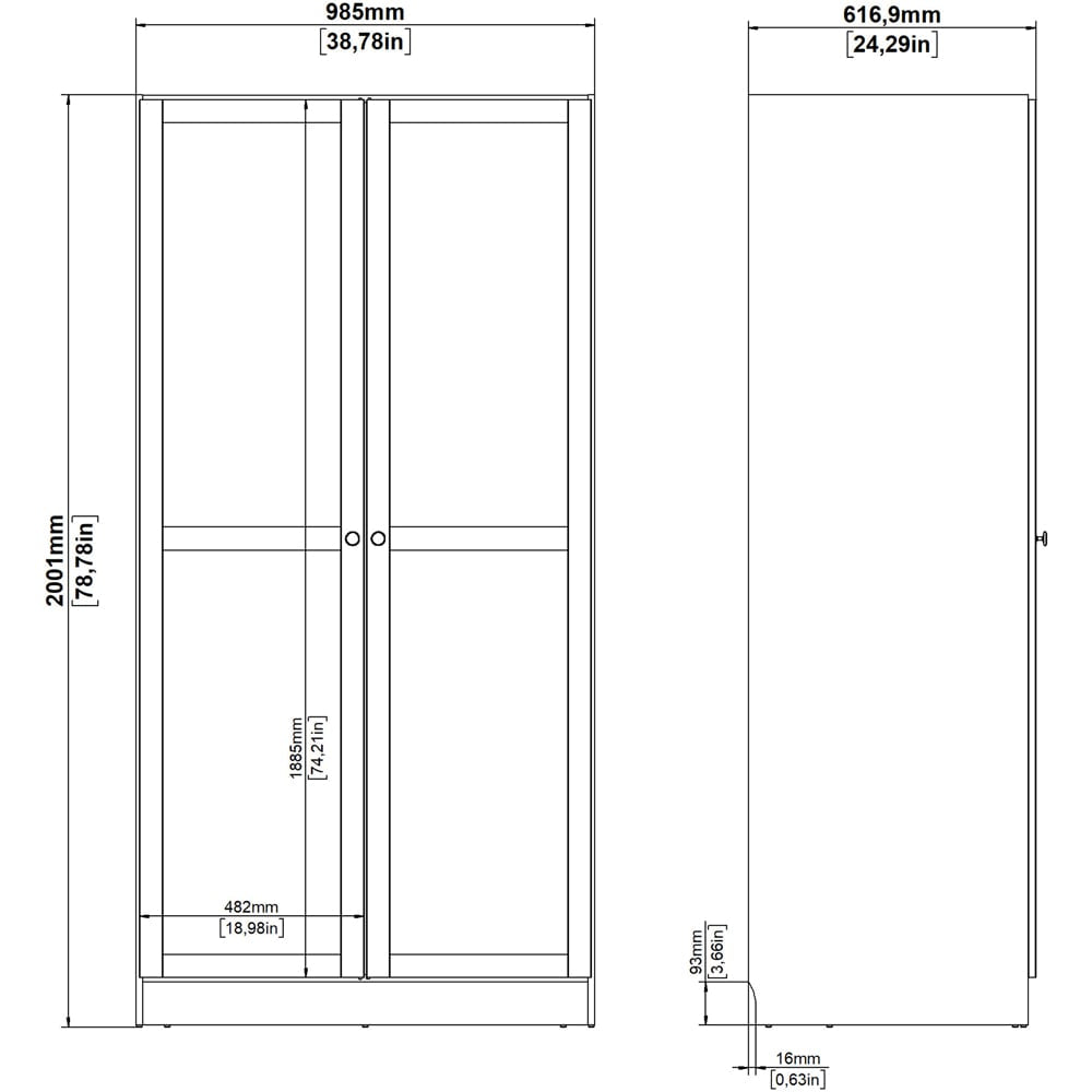 Line drawing of Florence Brande Jackson Hickory Oak 2 door wardrobe with dimensions.
